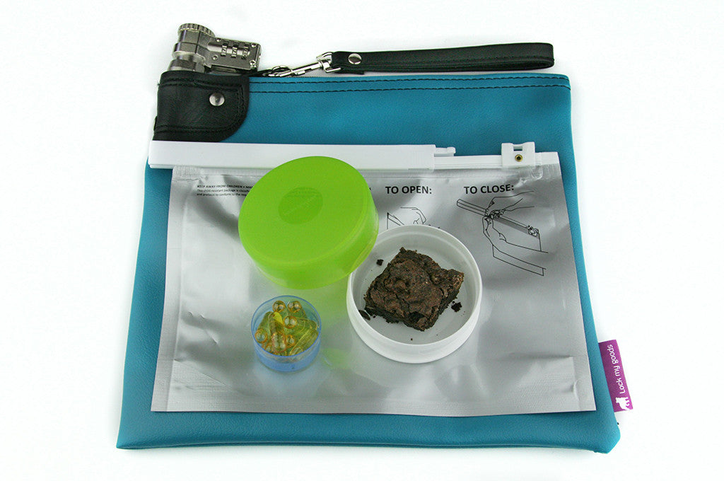 Three medium GoTubbs shown with medical cannabis edibles. Contribute to child resistant packaging for cannabis.