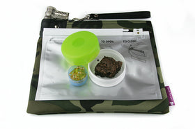 Provides child resistant packaging for cannabis -- a camouflage medication bag with combination lock, including child resistant zip lock, and cannabis edibles.