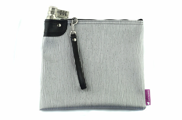Silver, vinyl locking money bag with a combination key lock, and black wrist strap. 