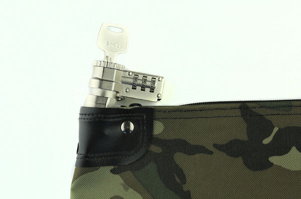 Camouflage bag showing combination lock and key