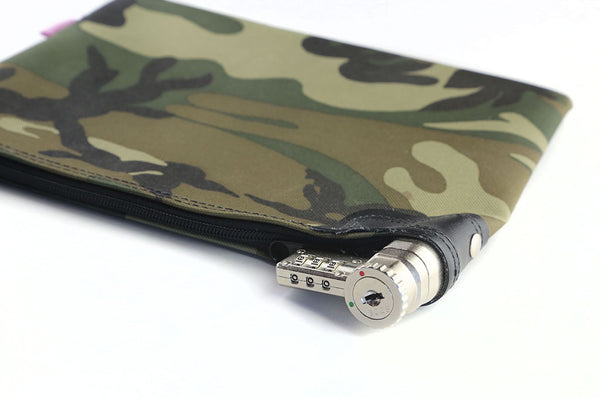 Camouflage bag showing top view of combination lock