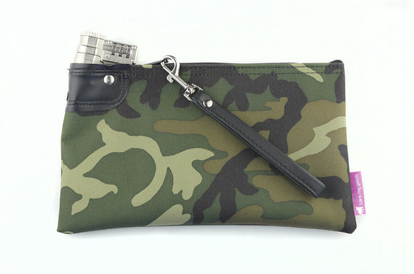 Small camouflage locking bag with wrist strap. 