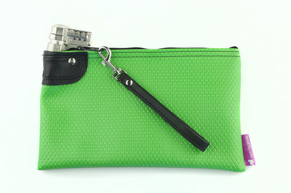 Bright green locking medication bag with black leather strap. Combination lock. Child safety lock. 
