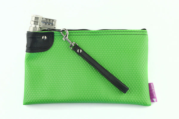 Bright green locking medication bag with black leather strap. Combination lock. Child safety lock. 