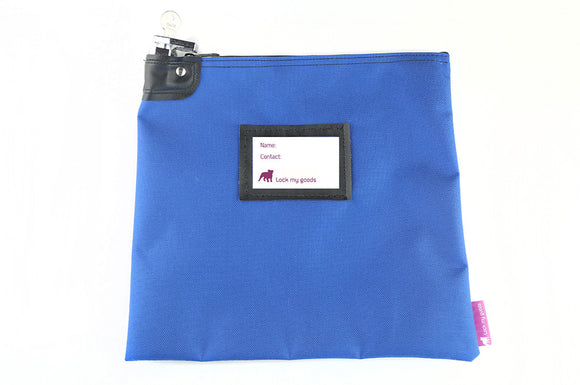 Large, royal blue, money bag with card holder and key lock. 