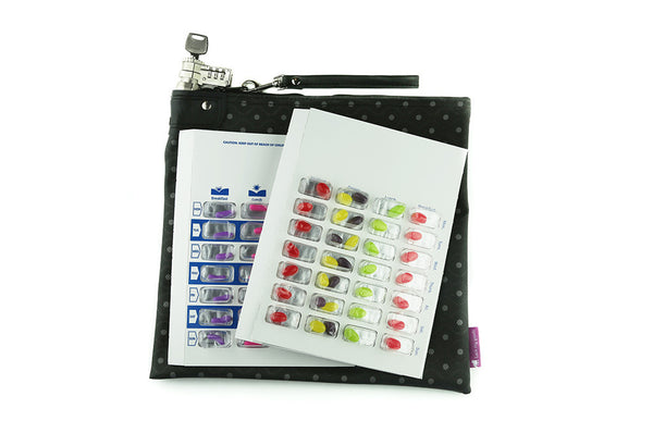 Black vinyl locking medication bag, shown to lock medication blister packs.  Child resistant packaging. 