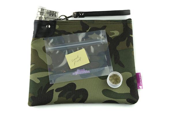 Child resistant packaging for cannabis demonstrated by camoufluage locking medication bag and child resistant ziplock bag. 