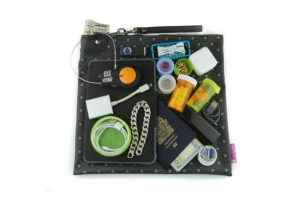 Black vinyl locking medication bag, helping to provide travel safety.  Locking iPad, passport security and medication.  Child safety lock. 