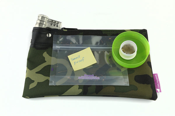 Small camouflage locking medication bag, shown smell proof bag, cannabis accessories.  Combination lock. Child resistant packaging for cannabis.
