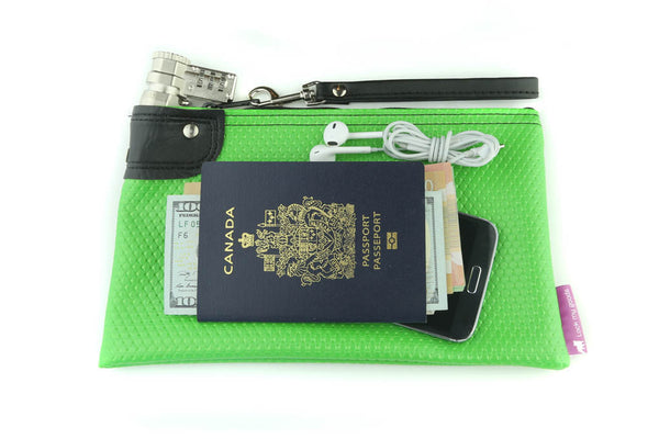 Lime green locking medication bag, show to secure passport and lock up cash.  Child resistant, combination lock. 