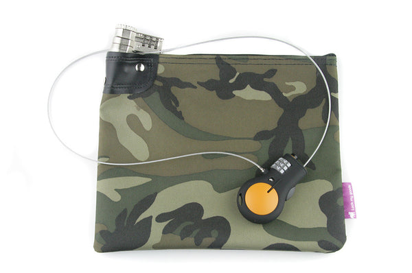 Camouflage bag with combo lock, shown wiht retractable cable lock