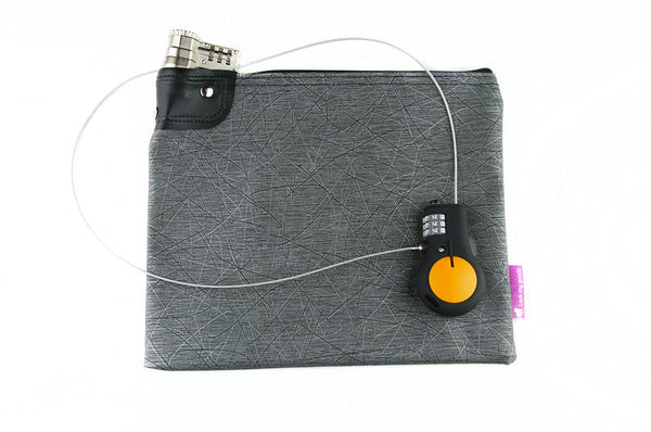 Gray vinyl bag with black and silver design pattern, shown with smart phone, medication, passport and jewelry, and wrist strap, shown with Lewis N Clark, retractable lock.  