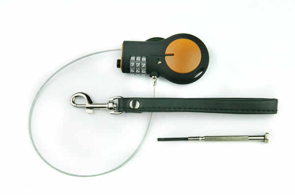 Lewis N Clark, yellow, retractable cable lock, shown with screwdriver and black wrist strap. 