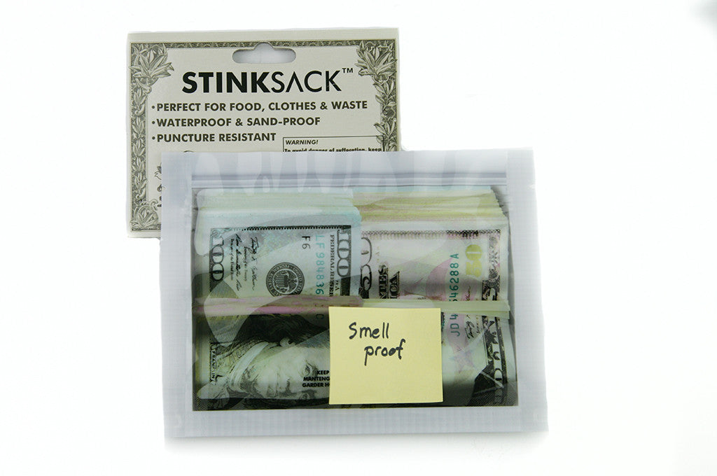Stink Sack, smell proof bag with picture of cash on the outside. 