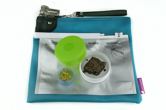 Child resistant packaging for cannabis demonstrated with teal, locking medication bag shown with Stink Sack, child resistant ziplock bag, medical cannabis edible and oil capsules. 