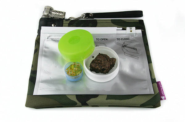 Provides child resistant packaging for cannabis -- a camouflage medication bag with combination lock, including child resistant zip lock, and cannabis edibles. 