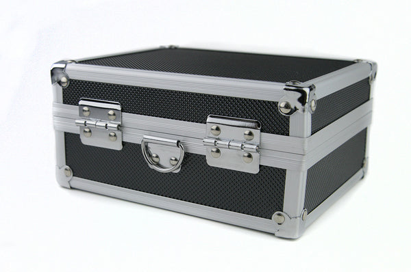 Locking medication case, shown from back with D-Ring to fasten to fixed object.