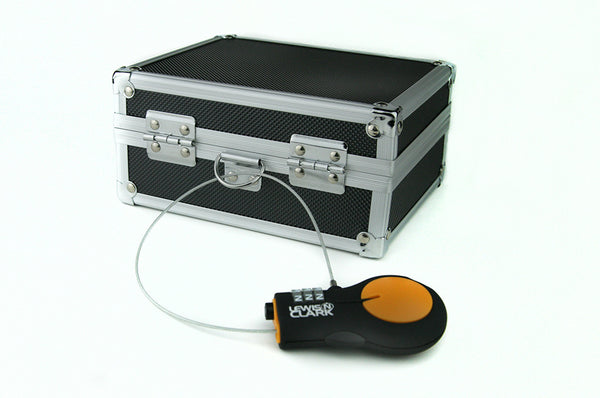 Locking medication case, showing rear view with D Ring and 30 inch retractable cable lock by Lewis N Clark. 