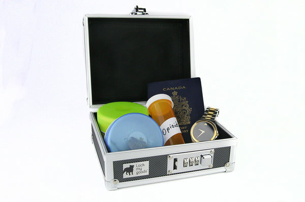 Locking medication case with combination lock. Serves as child proof packaging for cannabis, pills, passport and jewelry. Locking travel case.