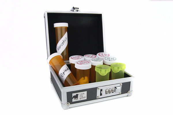 Locking medication case with prescription drugs. Child resistant packaging for cannabis, with combination lock.  Locking travel case.